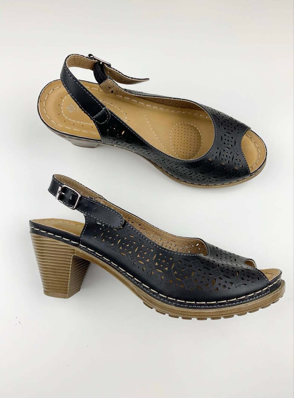 Patrizia by Spring Step Leann Sandals Black Cut Out Faux Leather Heels Women's 7